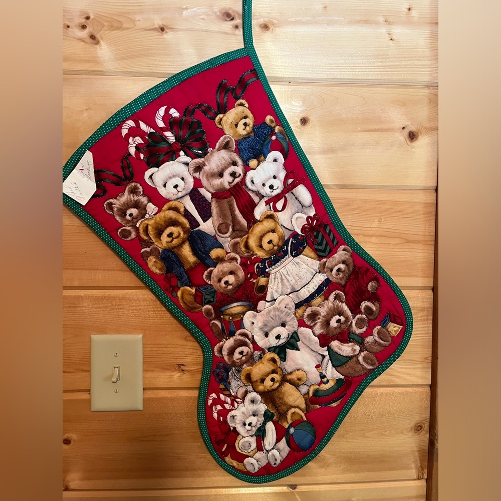 Festive Quilted Teddy Bear Christmas Stocking